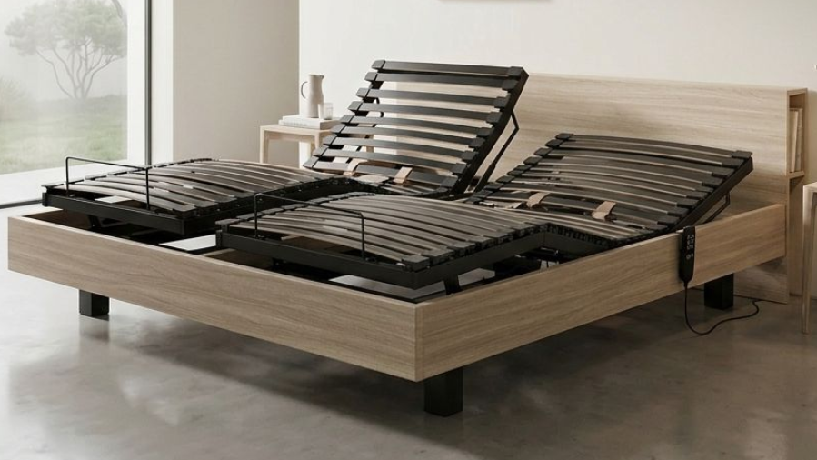 Corpulence dormeur = adulte normal (inf. 80kg)
Compatible matelas latex
DIMENSIONS DES CHÂSSIS POSSIBLES : 90/190 / 2x 70/190 / 2x 80/200 / 2x 90/200
(les mesures avec les bois décors vont obligatoirement être plus larges de 4cm)
VERSIONS DISPONIBLES SUR COMMANDE :
- Chassis nu hauteur 7cm (le lit ne possède pas de contour décor en bois ou tissu ; et se glisse directement dans un lit existant)
- 2 caisses décor séparées (par défaut le lit ne possède qu'un entourage)
- Crans mécaniques 3 zones (tête, assise, pied) - non électrique
CARACTÉRISTIQUES
Couchage 12 lattes (longueur 200) / 11 lattes (longueur 190)
Translation dorsale* recul de la zone lombaire, amélioration de la compression abdomionale et de l’ergonomie du dormeur
Châssis autoporté autoporté, section 70x22mm en hêtre multiplis ou option autoporté métal
Décor bois H15cm ou tissu H17cm ou châssis nu
Cadre mobile 50x20mm - Cinématique 5 zones
Renfort lombaire avec curseurs
Couchage Bi-lattes
Suspension plastomère
Pieds de 17 cm inclus
Commande câblée par défaut
MOTORISATION
1 bloc bi-moteur par couchage ; alimentation basse tension 24V
Puissance 2x 6000 newton, double batteries externes de secours 9V
Télécommande filaire ergonomique soft touch 6 boutons
ACCESSOIRES INCLUS
4 inserts rapprocheurs de châssis
Arrêts de matelas latéraux et pieds en acier (vissées sur le cadre mobile) Hauteur totale du sommier de 33-34 cm (hors matelas)