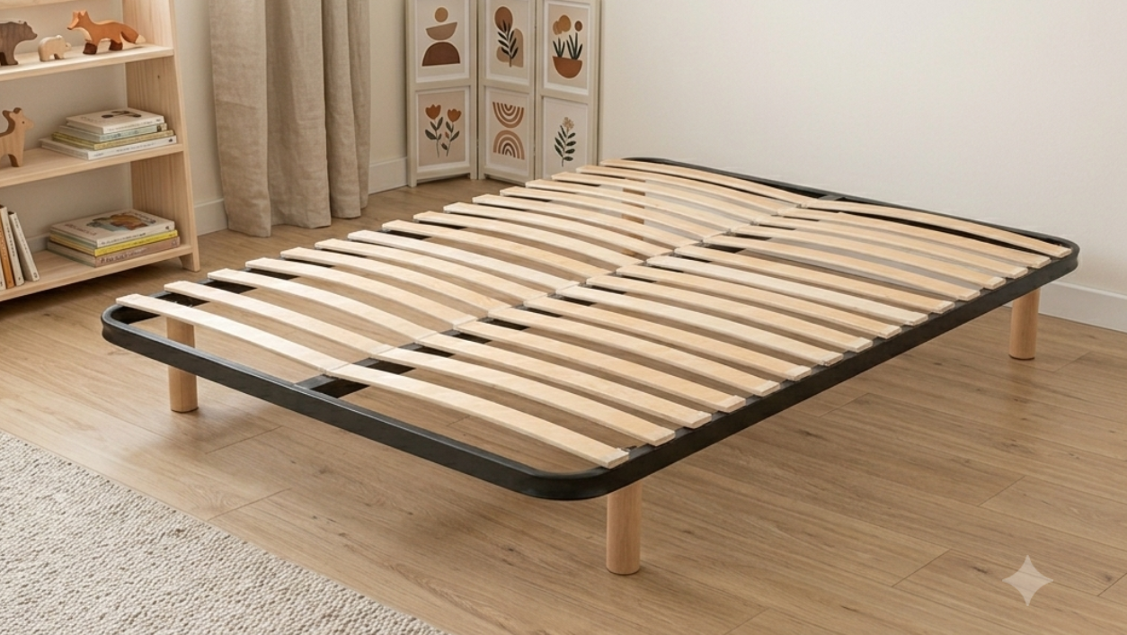 Cadre Cadre à Lattes flexibles 5cm 5 masses d'angle métallique avec insert de 10mm Cadre en acier métallique soudée 30mm / 40mm avec barre centrale Embouts de lattes plastique Lattes flexibles Double couchage Barre centrale Suspension ferme Cadre acier Compatible matelas mousse et latex Garantie 5 ans Fabrication CE
