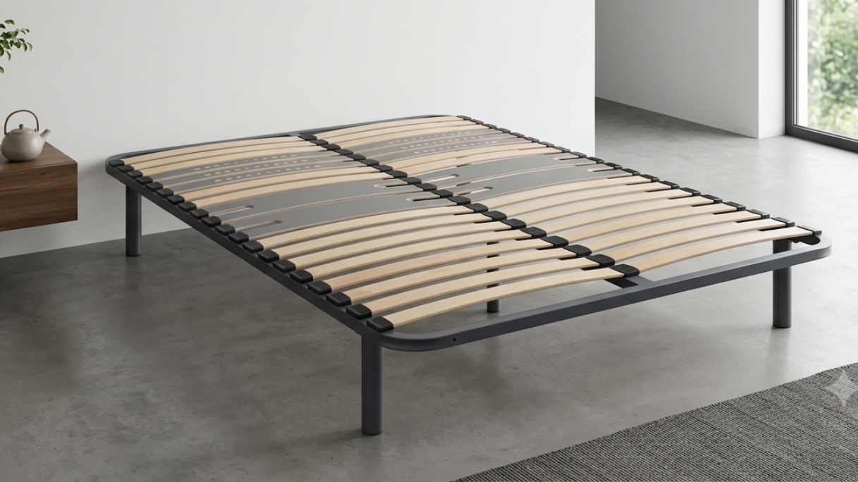 Cadre Cadre à Lattes flexibles - 5 zones 5cm 5 masses d'angle métallique avec insert de 10mm Cadre en acier métallique soudée 30mm / 40mm avec barre centrale Embouts de lattes plastique Lattes zonées Double couchage Barre centrale Suspension 5 zones Cadre acier Compatible matelas mousse et latex Garantie 5 ans Fabrication CE