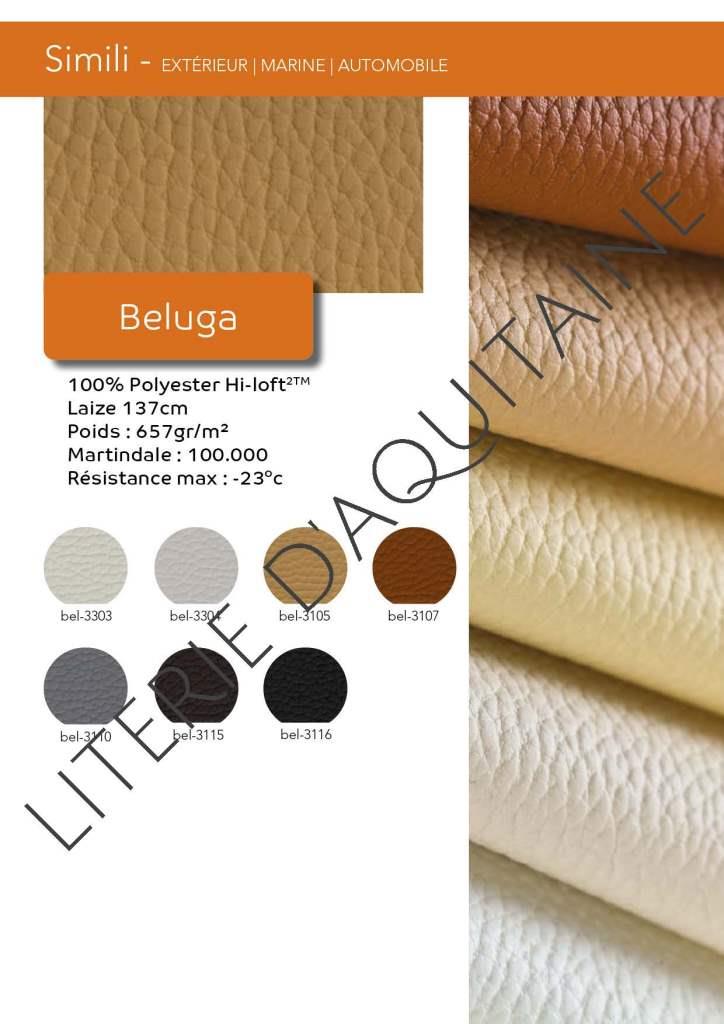 SIMILI SKAÏ 100% PES NON FEU EN597 1&2 - BELUGA FLAME RETARDANCY 1 EU: EN 1021 Part 1 & 2 US: CAL TB 117-2013, Section E DE: DIN 4102 B2 IMO FTP 2010 Code MSC.307 (88) Part 8 3.1 & 3.2 US: FMVSS 302 (MED) Marine Equipment Directive (in its current valid version)  FINISHES AND TREATMENTS  Antibacterial Protection PERMAGUARD® Anti-stain Finish >100.000 cycles Martindale (EN ISO 12947:1999 Part 2) Cold Crack -23ºC Mildew resistant backing and face UV-Resistance XENOTEST DIN 54004/ NTC 1479 QUV: ASTM D-4329/ CFFA-2 c2- Grey Scale / ISO 105 X12-A02 Sulfide Stain Resistant Anti-static Finish 7 coloris