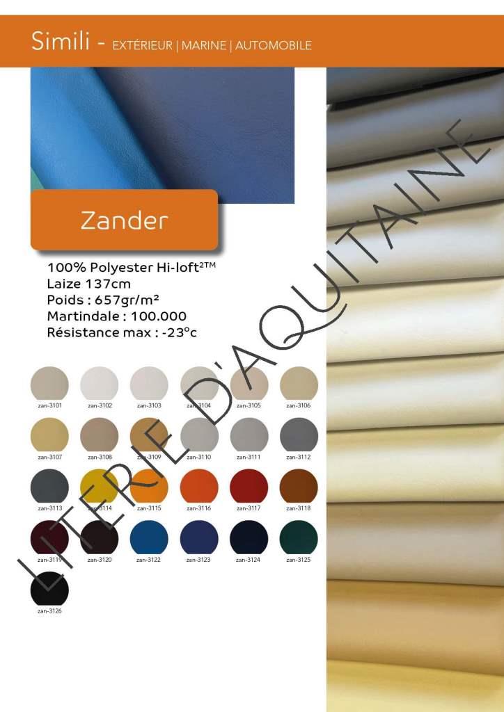 SIMILI SKAÏ 100% PES NON FEU EN597 1&2 - ZANDER FLAME RETARDANCY 1 EU: EN 1021 Part 1 & 2 US: CAL TB 117-2013, Section E DE: DIN 4102 B2 IMO FTP 2010 Code MSC.307 (88) Part 8 3.1 & 3.2 US: FMVSS 302 (MED) Marine Equipment Directive (in its current valid version)  FINISHES AND TREATMENTS  Antibacterial Protection PERMAGUARD® Anti-stain Finish >100.000 cycles Martindale (EN ISO 12947:1999 Part 2) Cold Crack -23ºC Mildew resistant backing and face UV-Resistance XENOTEST DIN 54004/ NTC 1479 QUV: ASTM D-4329/ CFFA-2 c2- Grey Scale / ISO 105 X12-A02 Sulfide Stain Resistant Anti-static Finish 25 coloris