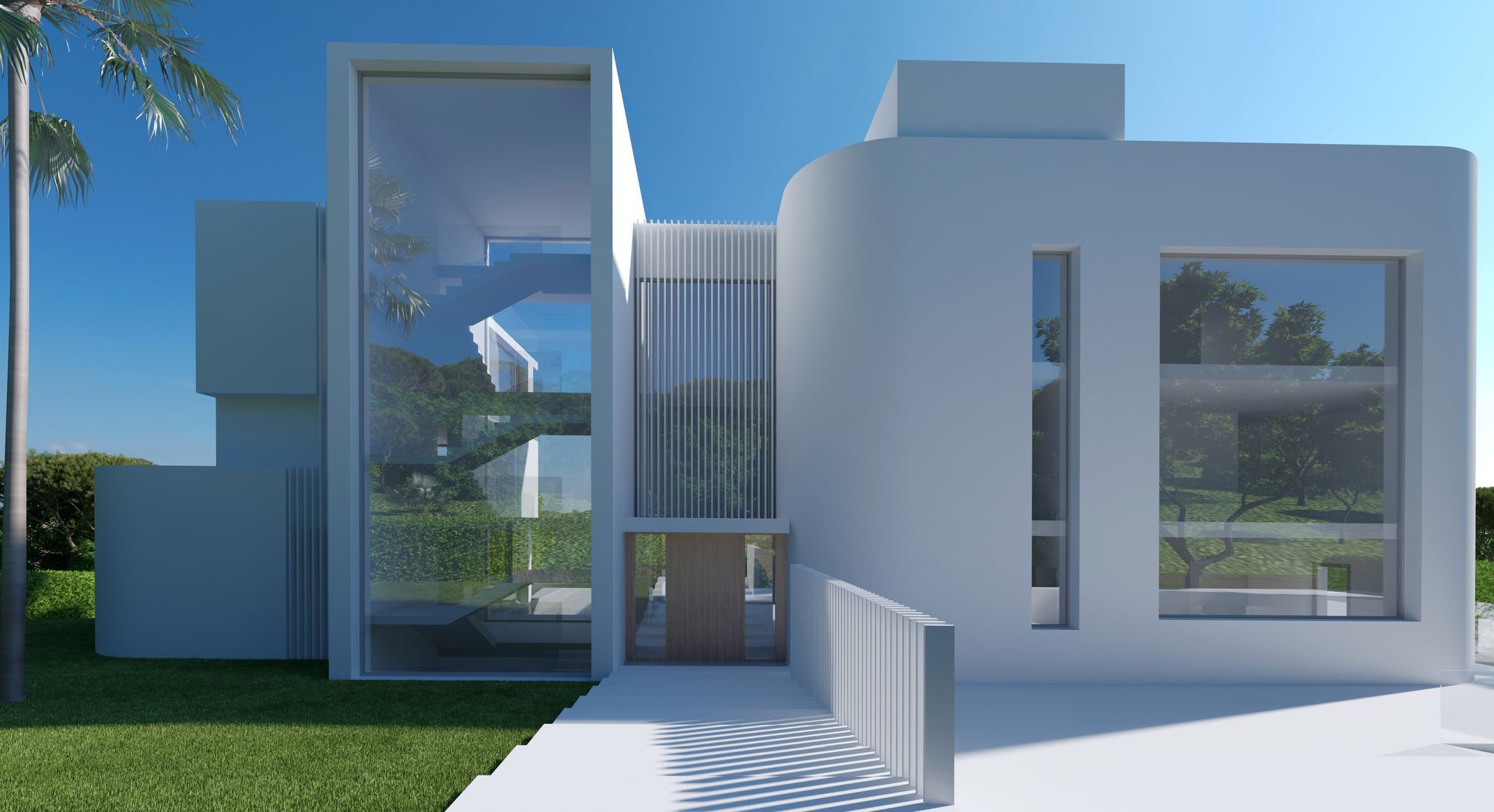 Una impresión artística de una casa blanca moderna con muchas ventanas.