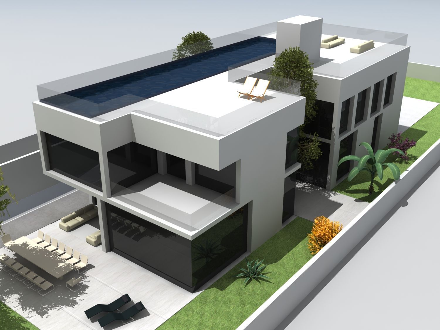 Una vista aérea de una casa moderna con piscina.