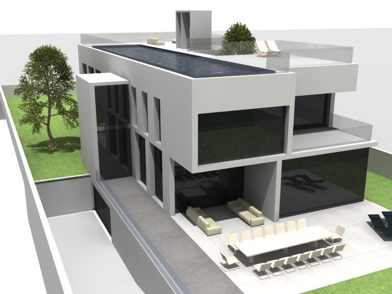 Una vista aérea de una casa moderna con piscina.