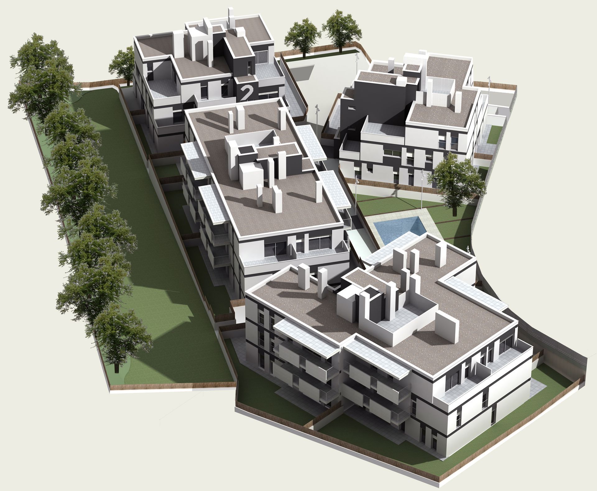 Una vista aérea de un edificio con árboles al fondo.