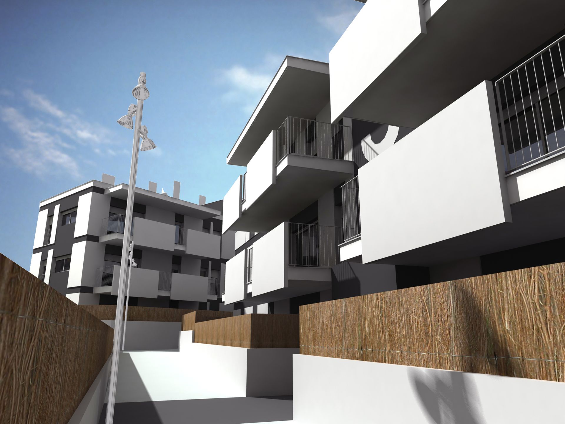 Impresión artística de una hilera de edificios de apartamentos.