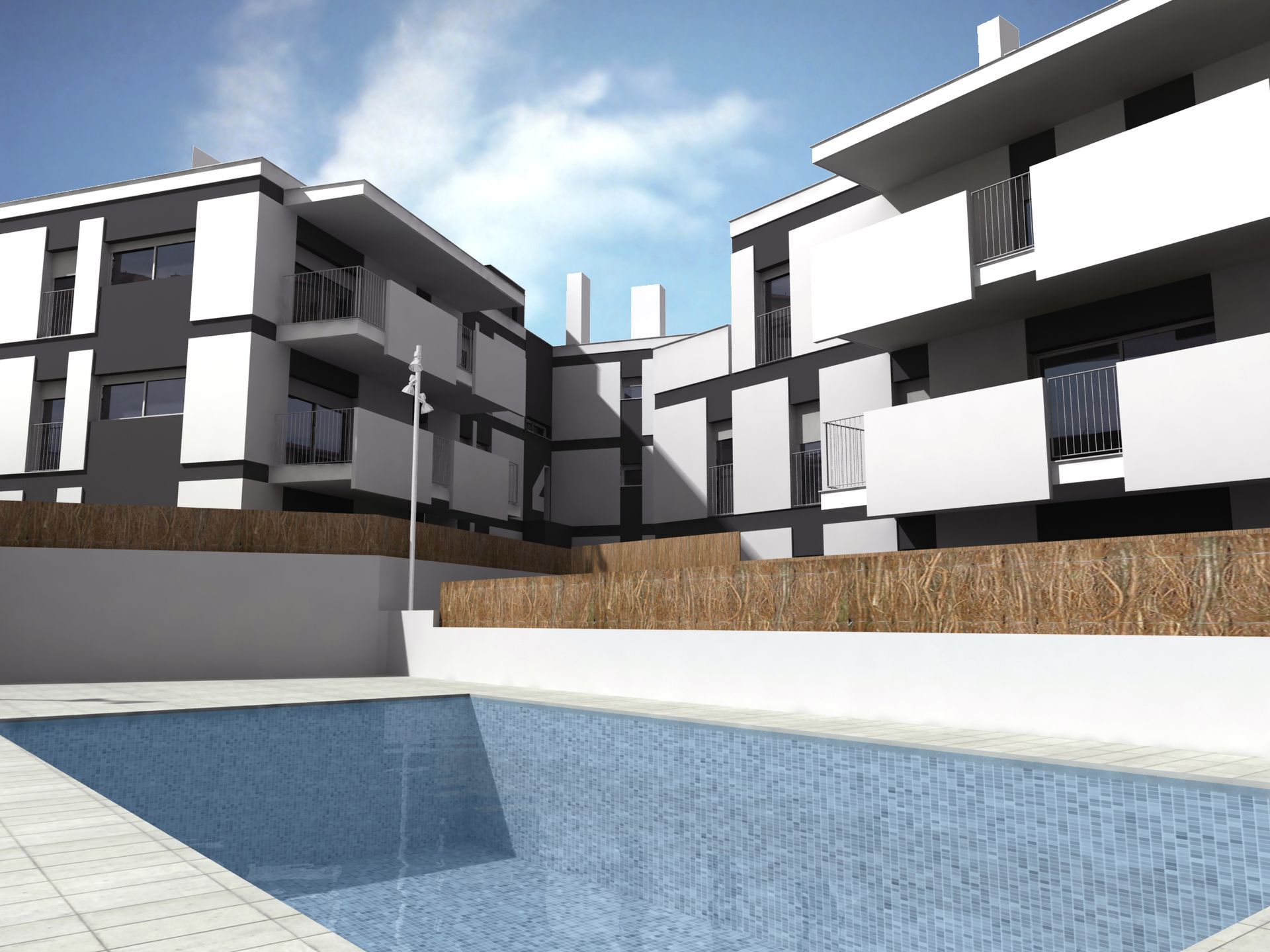 Impresión artística de una piscina rodeada de edificios.