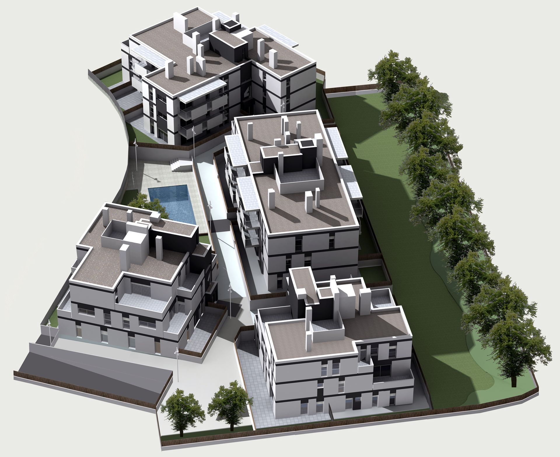 Una vista aérea de un edificio con una piscina en el medio.