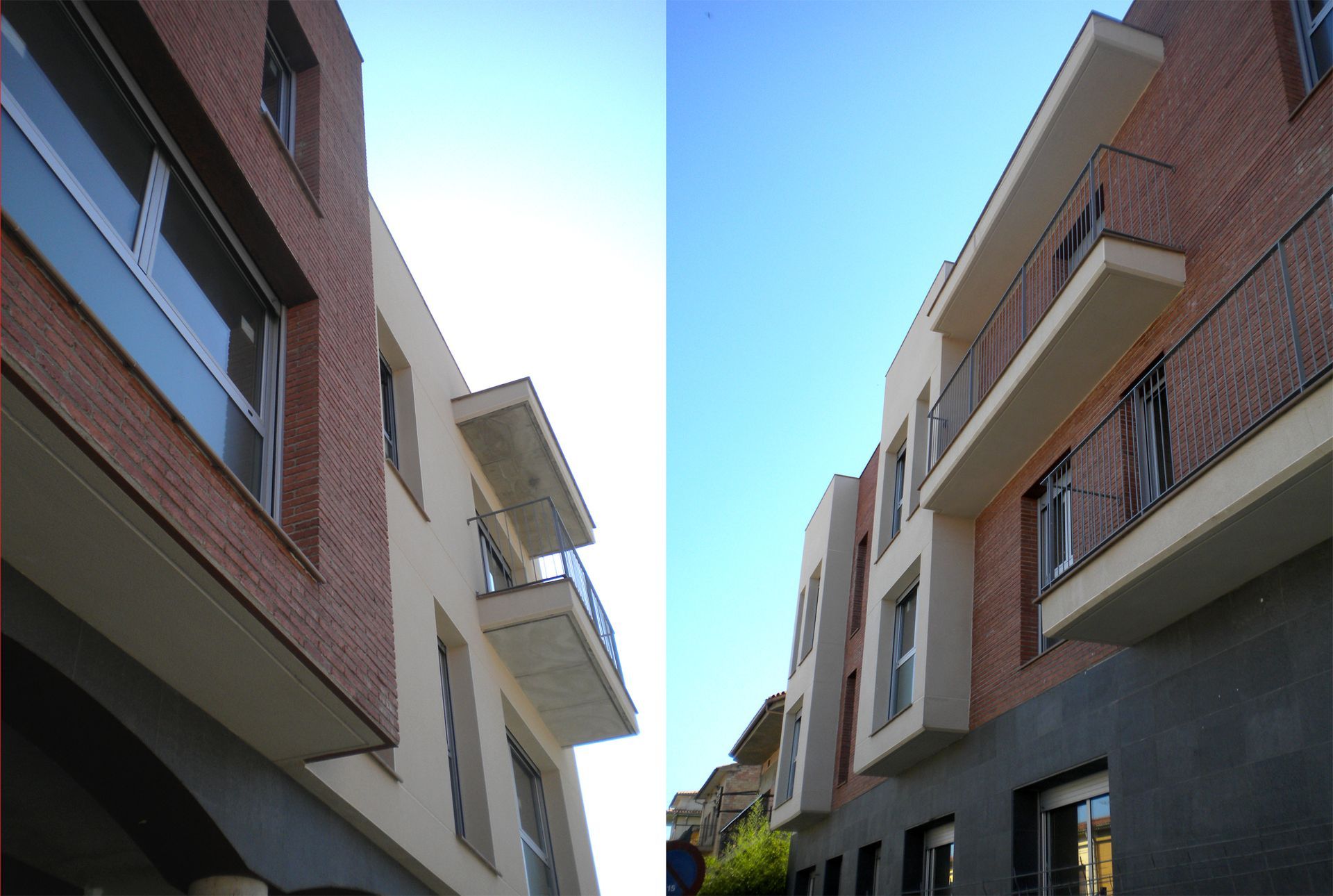 Un edificio de ladrillo con balcones y un edificio blanco con balcones.