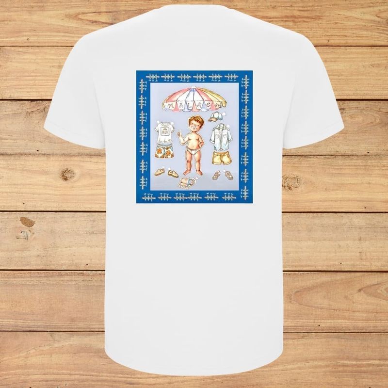 Camiseta blanca con un estampado de dibujos animados con borde azul centrado en el pecho.