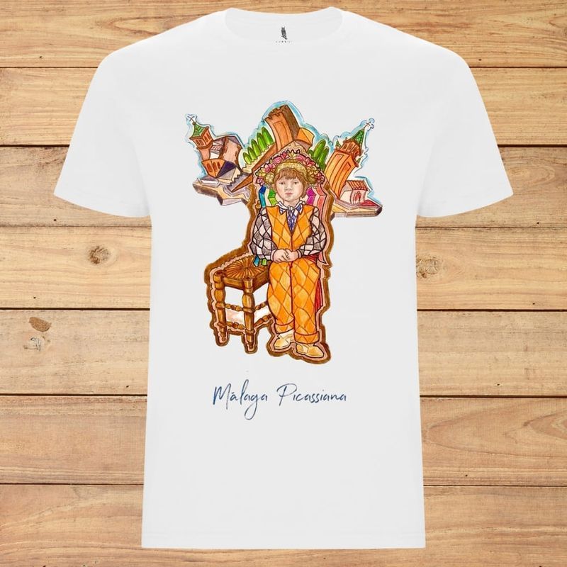 Camiseta blanca con una colorida ilustración de una persona sentada vestida de naranja y detalles florales.