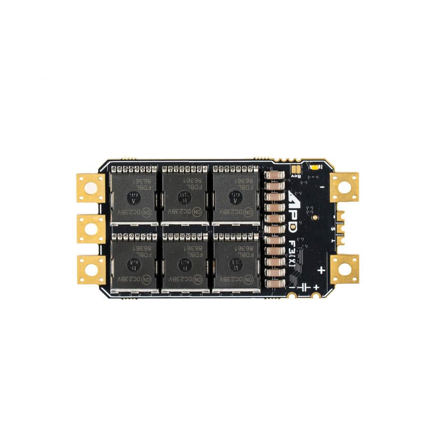Eine schwarze, rechteckige elektronische Drehzahlregler-Leiterplatte (ESC) mit goldenen Motoranschlüssen und einer zentralen Anordnung von MOSFETs.