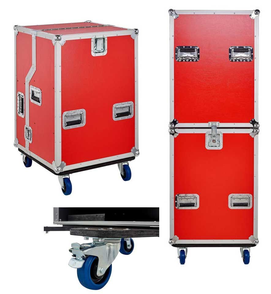 Drei Ansichten eines roten Flightcases mit Metallkanten, eingelassenen Griffen und blauen Lenkrollen.