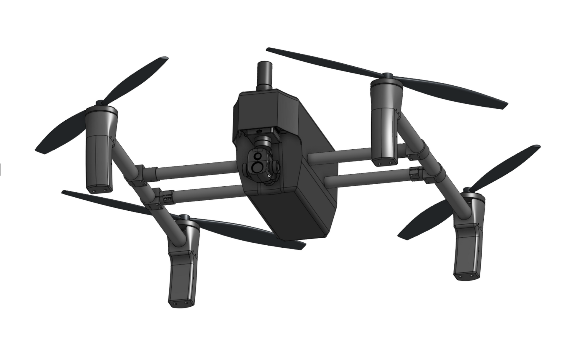 Eine dunkelgraue Quadcopter-Drohne mit vier Propellern, dargestellt aus der Frontperspektive vor einem weißen Hintergrund.