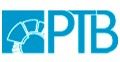 Ein blaues Logo mit einem stilisierten weißen geometrischen Symbol neben den Buchstaben „PTB“ in einer blauen serifenlosen Schriftart.