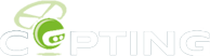 Ein gr&uuml;nes, kreisf&ouml;rmiges Logo, das einem stilisierten Hubschrauber &auml;hnelt, und das Wort &bdquo;COPTING&ldquo; in fetten, wei&szlig;en, umrandeten Buchstaben.