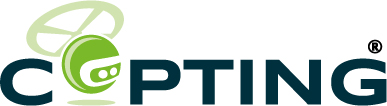 Das COPTING-Logo zeichnet sich durch einen fetten, dunkelblauen Text aus, wobei der Buchstabe O durch ein stilisiertes grünes Kreiszeichen ersetzt wird.