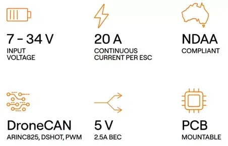 Technische Spezifikationen für einen Drohnen-ESC: 7-34V Eingang, 20A Strom, NDAA-konform, DroneCAN, 5V BEC und PCB-montierbar.