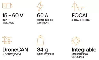 Technische Spezifikationen für einen Motorcontroller: 15-60V, 60A, FOC/trapezförmig, DroneCAN/DSHOT/PWM, 34g und integrierbares Design.