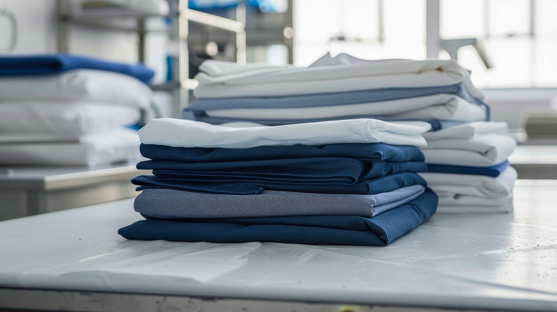 Pilas de manteles blancos y azules doblados sobre una superficie de trabajo blanca.