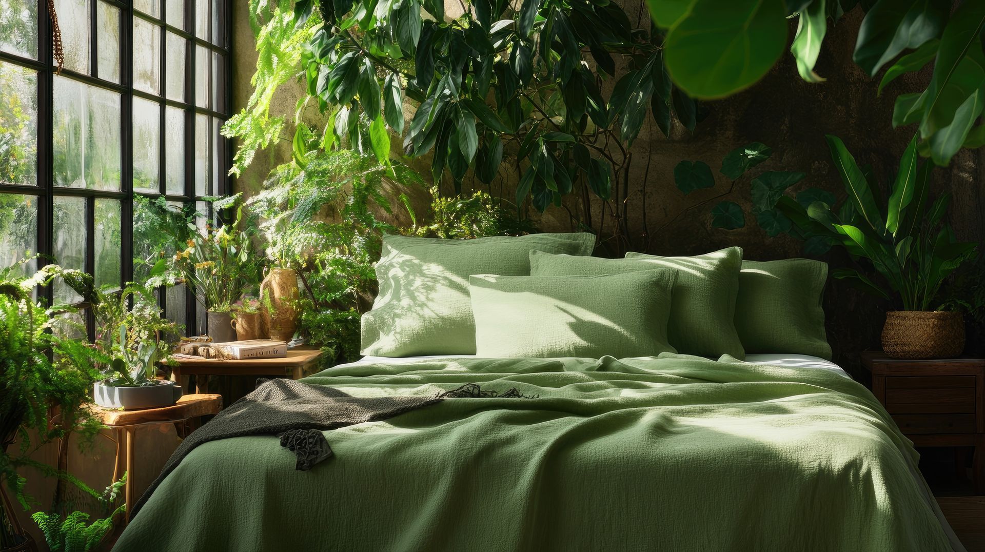 Dormitorio en tonos verdes con cama y almohadas. Plantas exuberantes rodean un gran ventanal con luz natural.