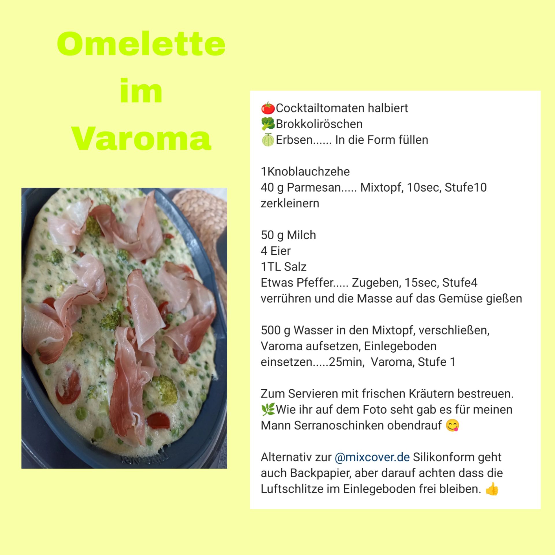Omelett im Varoma-Rezept mit Zutatenliste und Anleitung; fertiges Gericht mit Prosciutto auf einem blauen Teller.