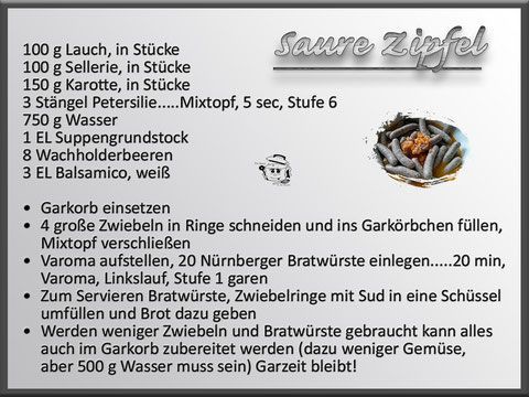Rezept für „Saure Zipfel“ mit Zutaten, Zubereitung und Wurstbild.