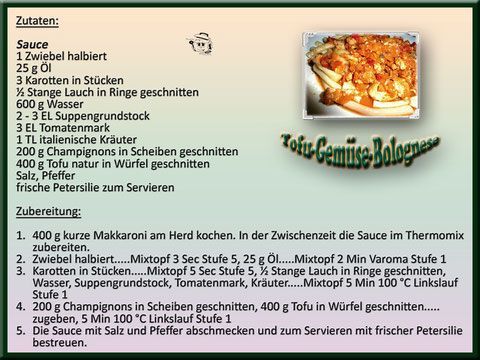 Rezept für Tofu-Gemüse-Bolognese mit Zutaten und Zubereitung, Foto des fertigen Gerichts inklusive.
