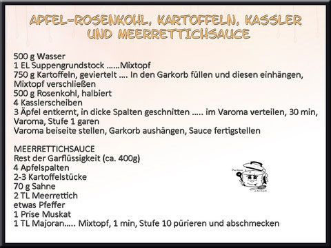 Rezept für Apfel-Rosenkohl, Kartoffeln, Kassler und Meerrettichsoße auf Deutsch.