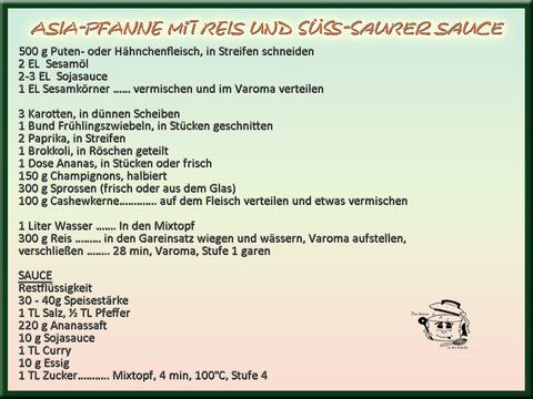 Rezept für Asiatische Pfanne mit Reis und süß-saurer Sauce, inkl. Zutaten und Zubereitung.