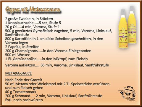 Rezept für Gyros mit Metaxa-Sauce: Zutaten und Zubereitung, im Hintergrund zwei gelbe Saucenflaschen.