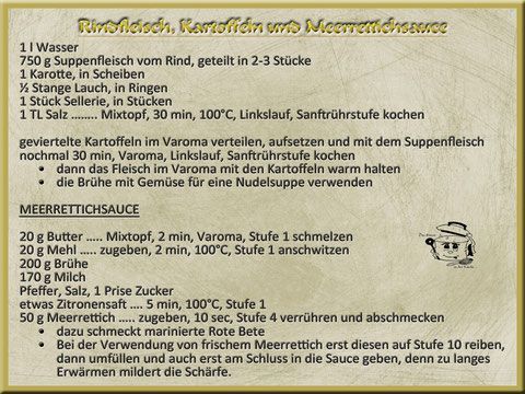 Rezept für Rinderbrühe, Kartoffeln und Meerrettichsoße auf Deutsch.
