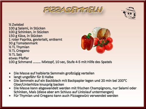 Rezept für Pizzarollen: Zutaten, Anleitung und Bild von Gemüse, Brot und anderen Zutaten.