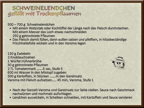 Rezept für mit Pflaumen gefülltes Schweinefilet mit Zutaten und Anleitung.
