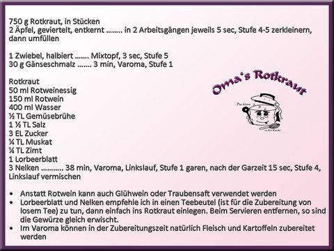 Rezept für deutschen Rotkohl („Omas Rotkraut“) mit Zutaten und Anleitung.