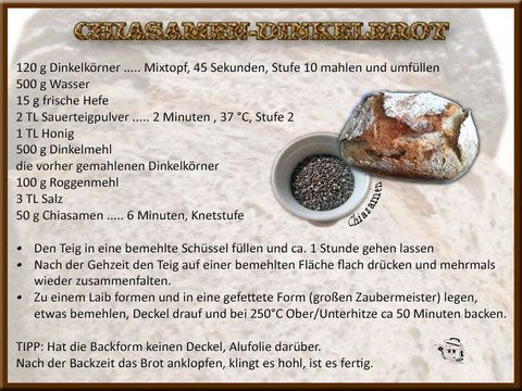 Rezept für Chia-Dinkel-Brot mit Zutaten und Anleitung; brauner Hintergrund.