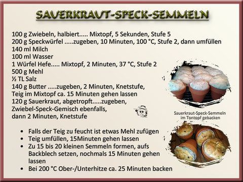 Rezept für Sauerkraut-Speck-Semmeln mit Zutatenliste und Backanleitung, mit Bildern des fertigen Produkts.
