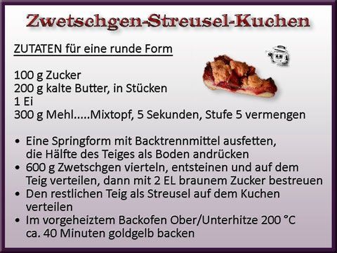Rezept für Zwetschgen-Streuselkuchen mit Zutaten und Zubereitung.