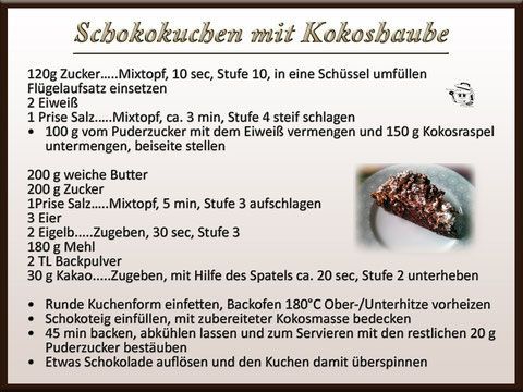 Rezept für Schokoladenkuchen mit Kokos-Topping. Textanleitung mit Kuchenfoto.