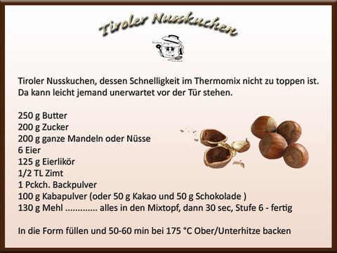 Rezeptkarte für Tiroler Nusskuchen. Zutaten und Anleitung in Deutsch. Mit Abbildung von Haselnüssen.