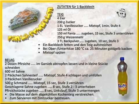 Rezept für einen Blechkuchen mit Zutaten, Anleitung und einer Flasche Fanta.