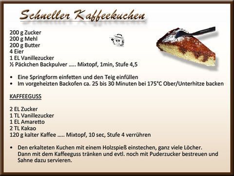Rezept für „Schneller Kaffeekuchen“ mit Zutaten, Zubereitung und Kaffeeglasur-Rezept.