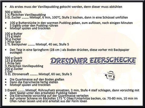 Rezept für Dresdner Eierschecke auf Deutsch, mit Zutaten- und Zubereitungsliste.