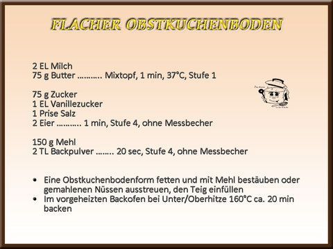 Rezept für einen flachen Früchtekuchenboden auf Deutsch, inklusive Zutaten, Thermomix-Anleitung und Backanleitung.