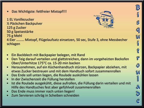 Rezept für eine fettfreie Biskuitrolle. Enthält Zutaten, Anleitung und eine kleine Zeichnung einer Figur.