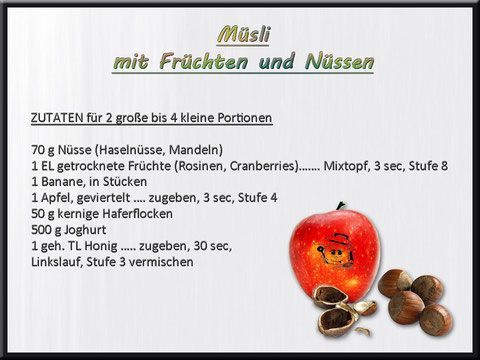 Rezept für Müsli mit Früchten und Nüssen: Zutatenliste mit Apfel- und Nussabbildung.