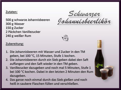 Rezept für Johannisbeerlikör: Zutaten und Anleitung, plus Flasche und Shots.