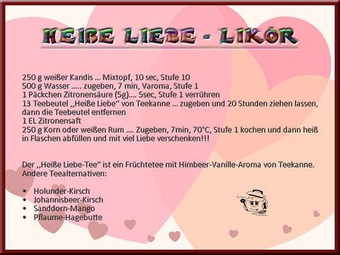 Rezept für „Heisse Liebe“-Likör: Zutaten und Zubereitung auf rosa Hintergrund.