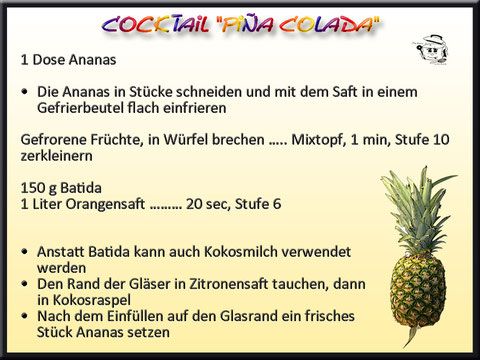 Rezept für einen Piña-Colada-Cocktail: Anleitung, Zutaten und Ananas-Abbildung.