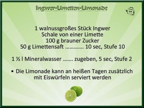Rezept für Ingwer-Limetten-Limonade: Zutaten und Anleitung mit Limetten-Illustrationen auf grünem Hintergrund.